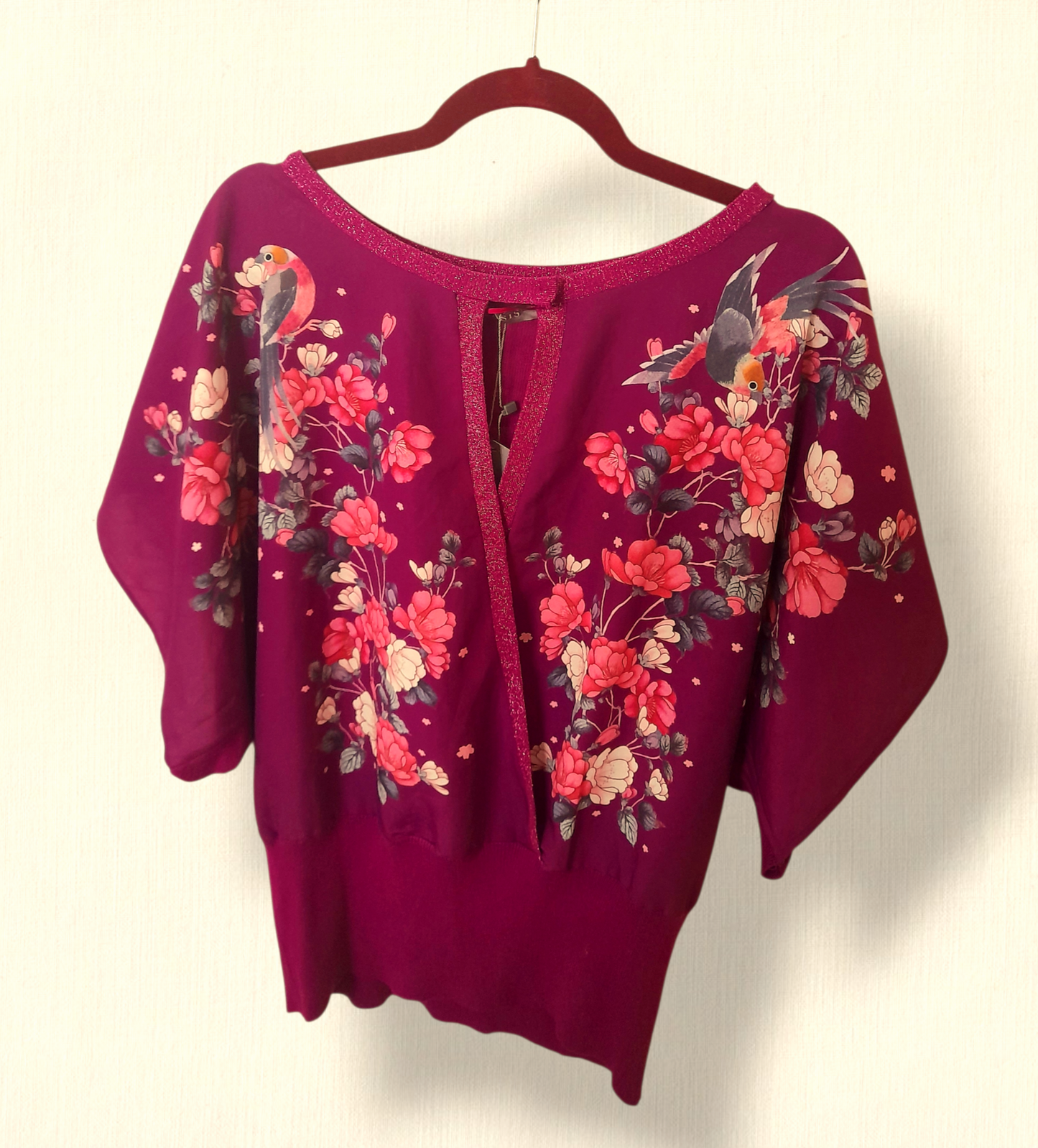 Purple Chiffon Knitted Birds Flowers OASIS Boho Blouse Top
