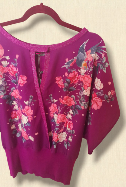 Purple Chiffon Knitted Birds Flowers OASIS Boho Blouse Top