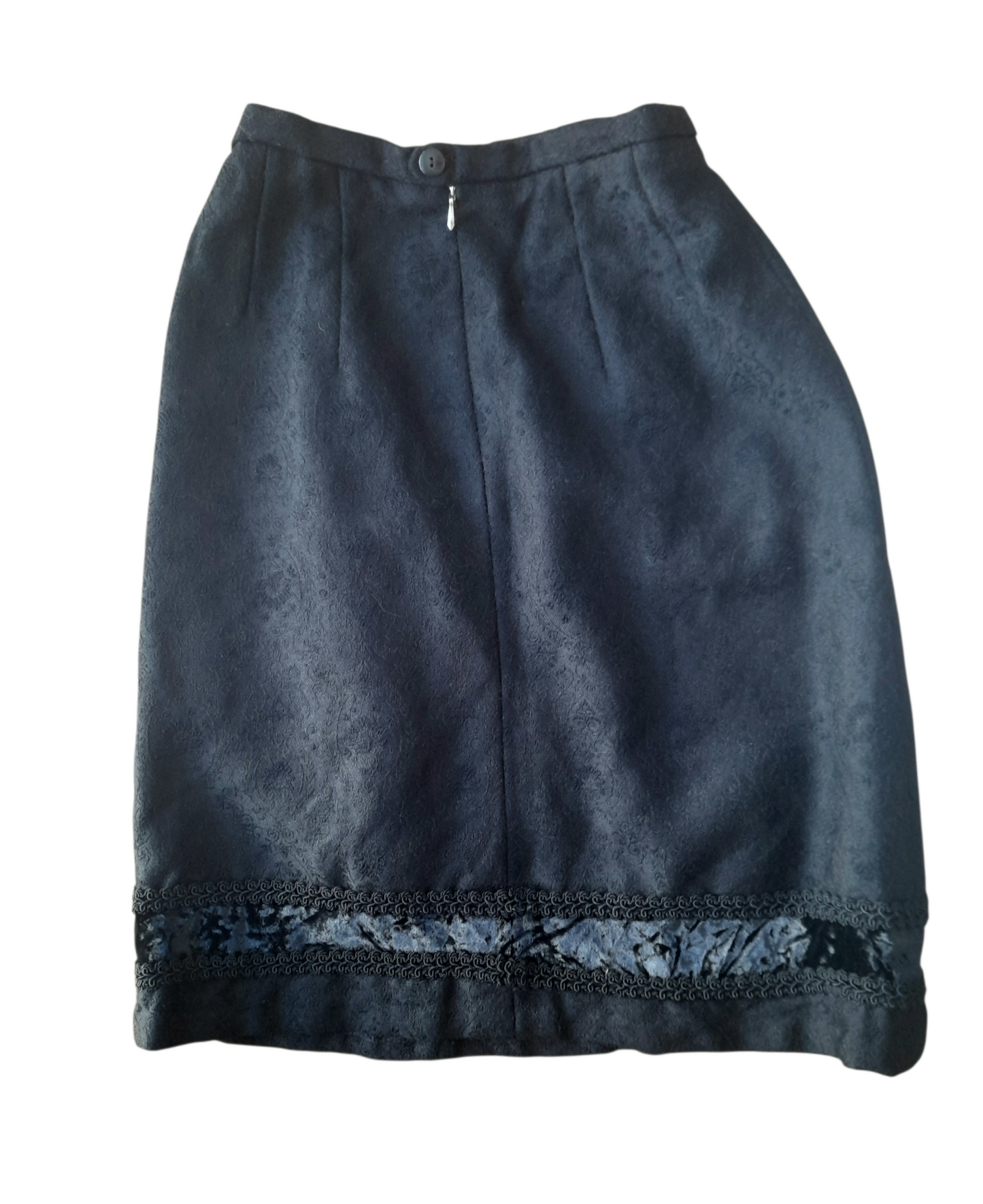 Vintage 1960s French Black Brocade Velvet Trim Skirt