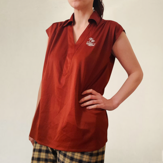 Vintage 70's Rusty Dark Orange Jersey Sleeveless Embroidered Blouse