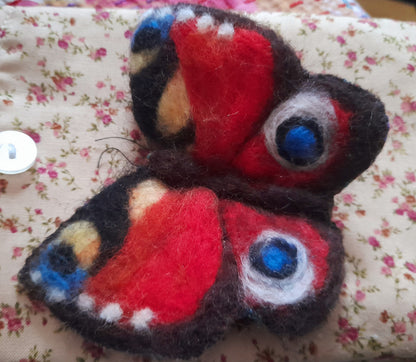 Original OOAK Wool Felt Textile Peacock Butterfly Brooch Adornment
