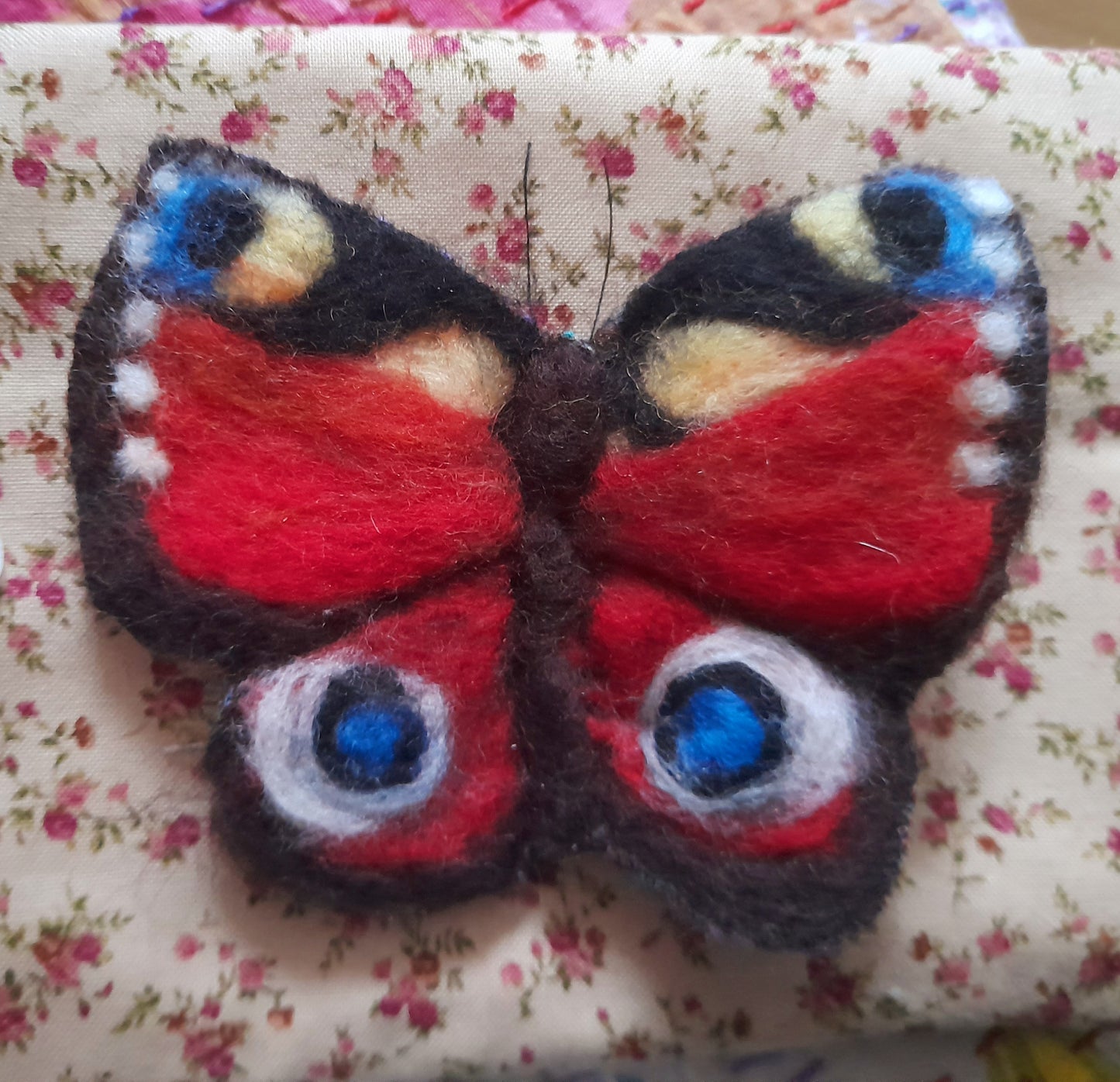 Original OOAK Wool Felt Textile Peacock Butterfly Brooch Adornment