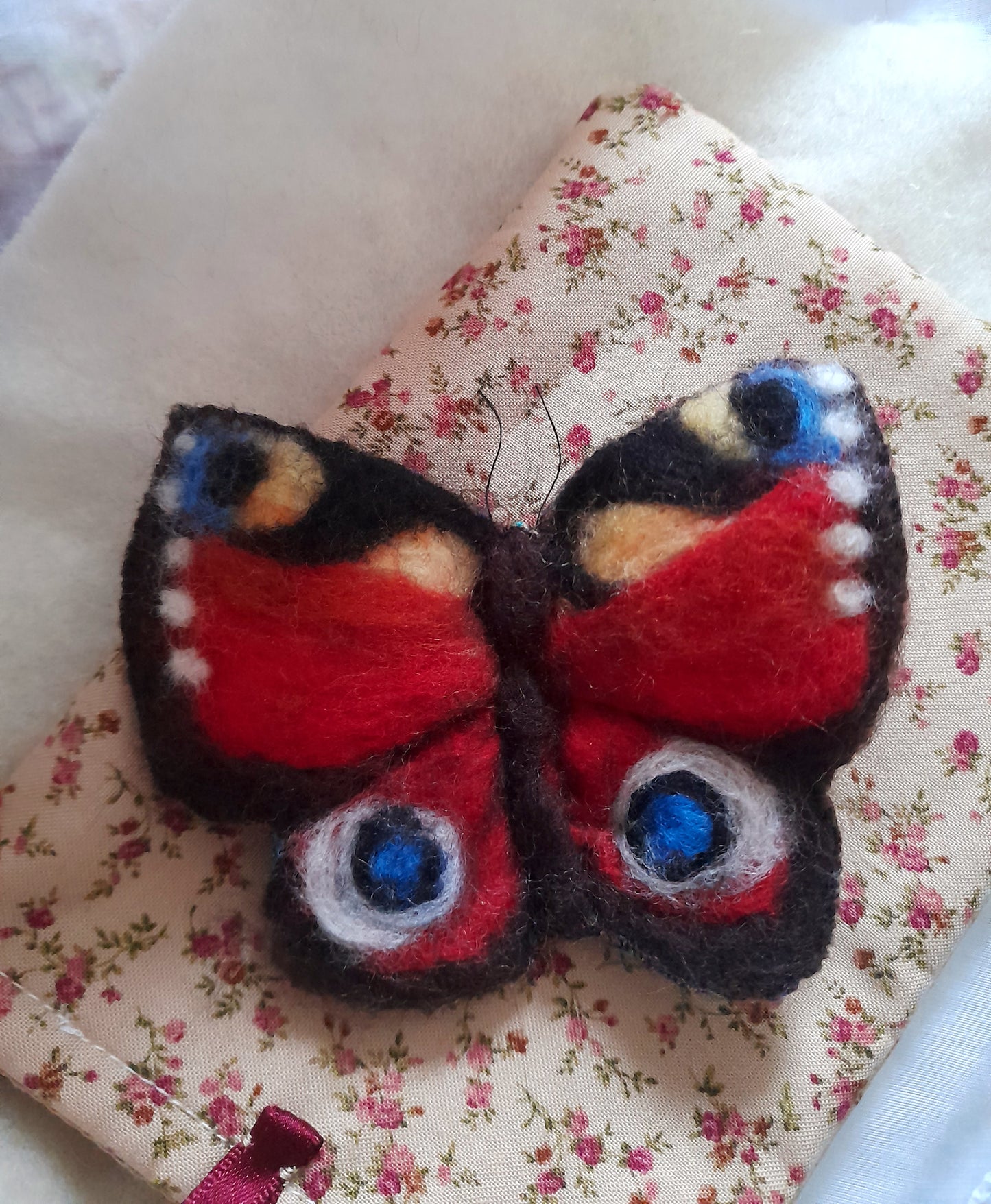 Original OOAK Wool Felt Textile Peacock Butterfly Brooch Adornment