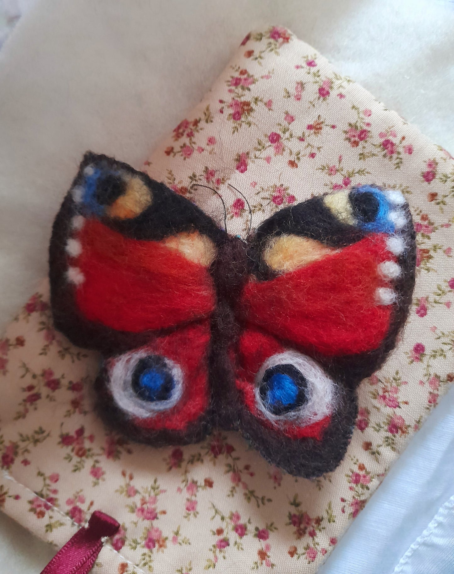 Original OOAK Wool Felt Textile Peacock Butterfly Brooch Adornment