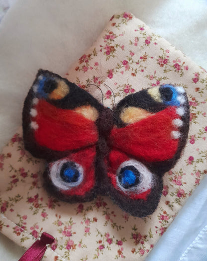 Original OOAK Wool Felt Textile Peacock Butterfly Brooch Adornment