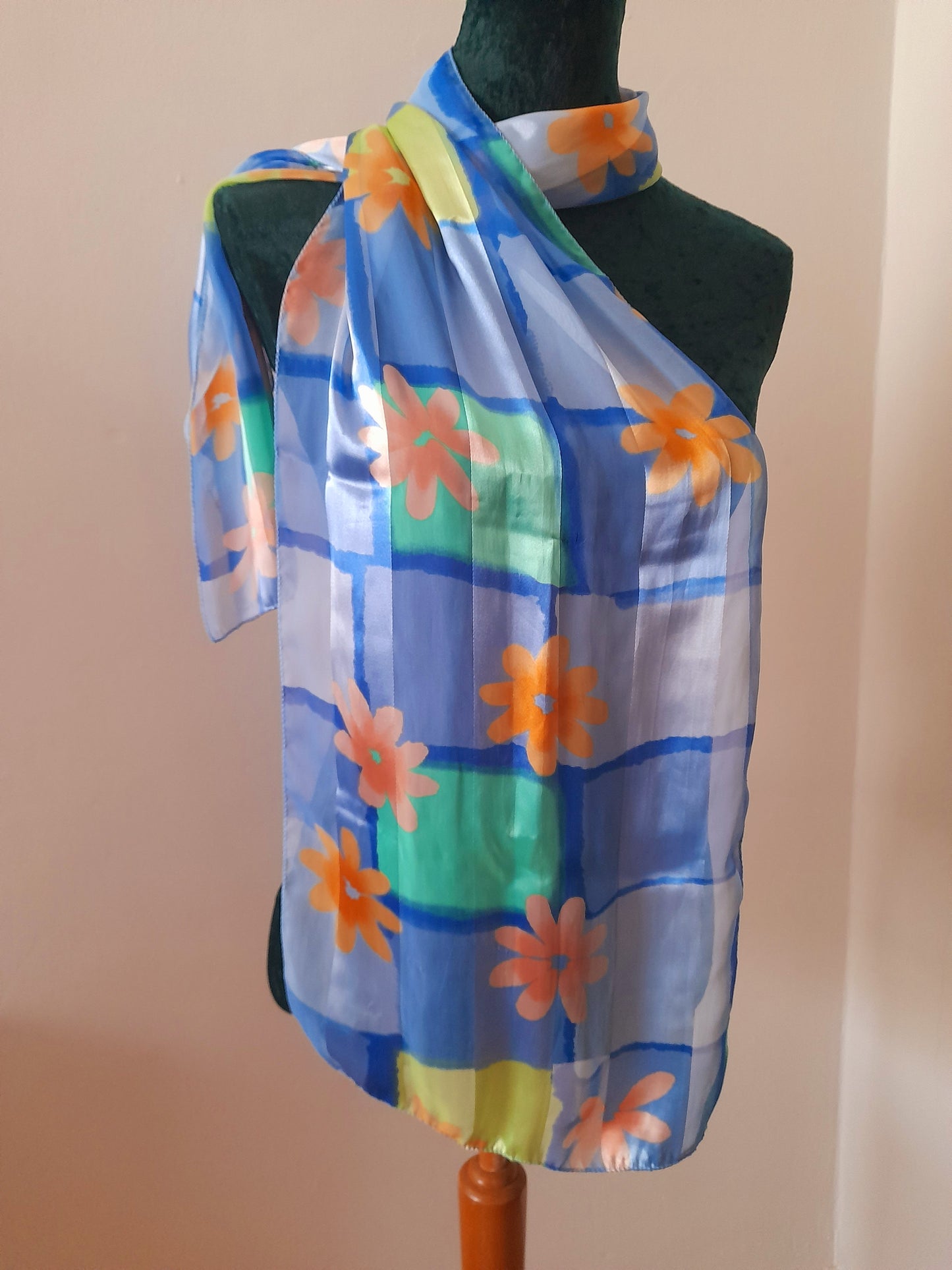 Vintage 80s Retro Blue Orange Flower Chiffon Satin Scarf