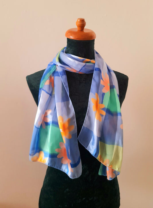 Vintage 80s Retro Blue Orange Flower Chiffon Satin Scarf