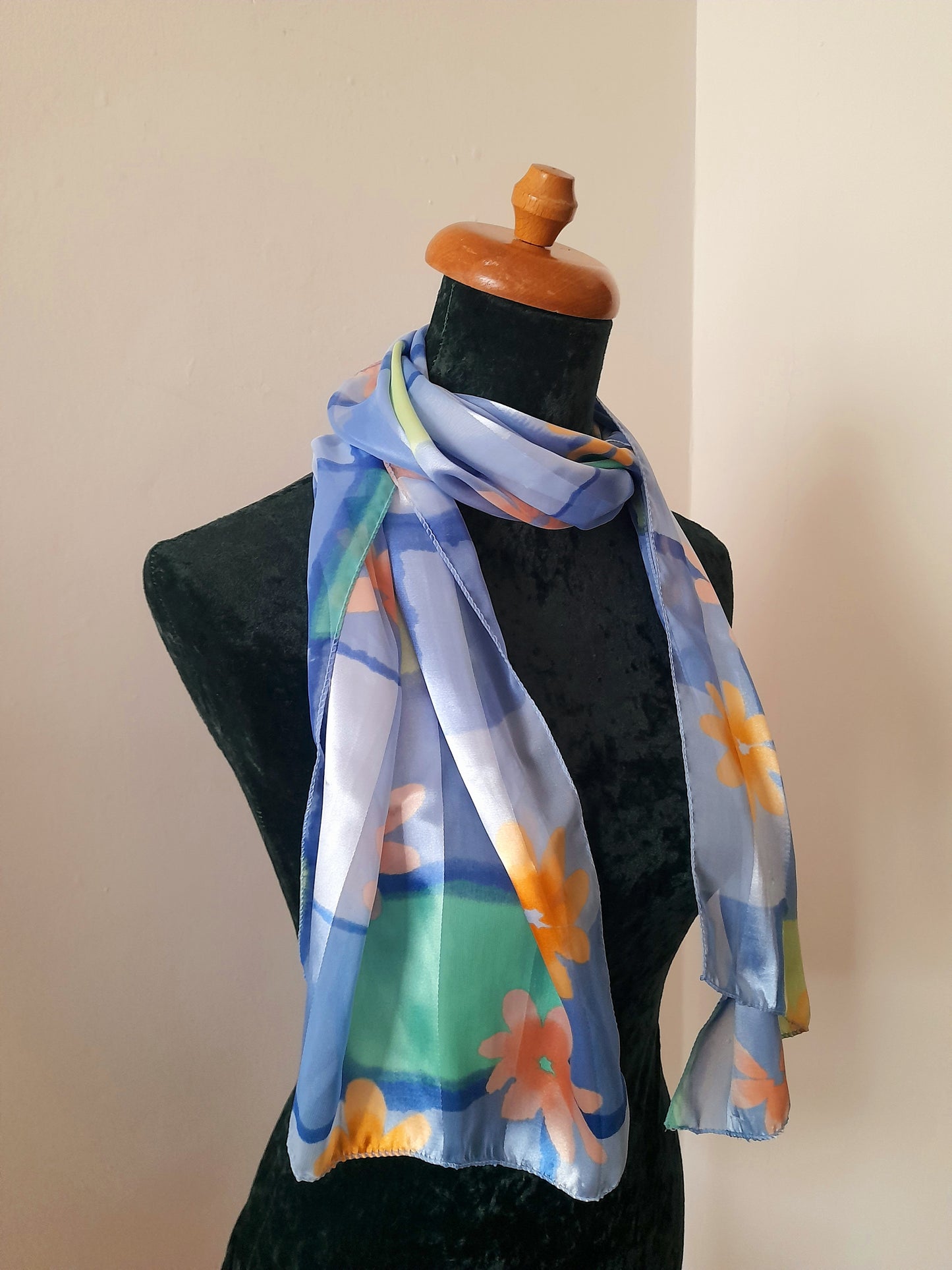 Vintage 80s Retro Blue Orange Flower Chiffon Satin Scarf