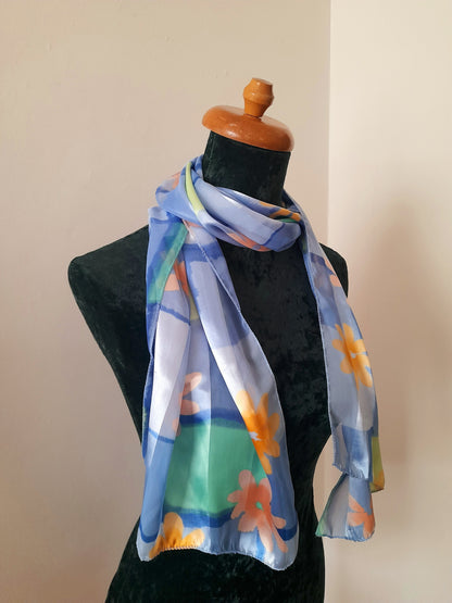 Vintage 80s Retro Blue Orange Flower Chiffon Satin Scarf