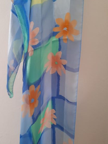 Vintage 80s Retro Blue Orange Flower Chiffon Satin Scarf