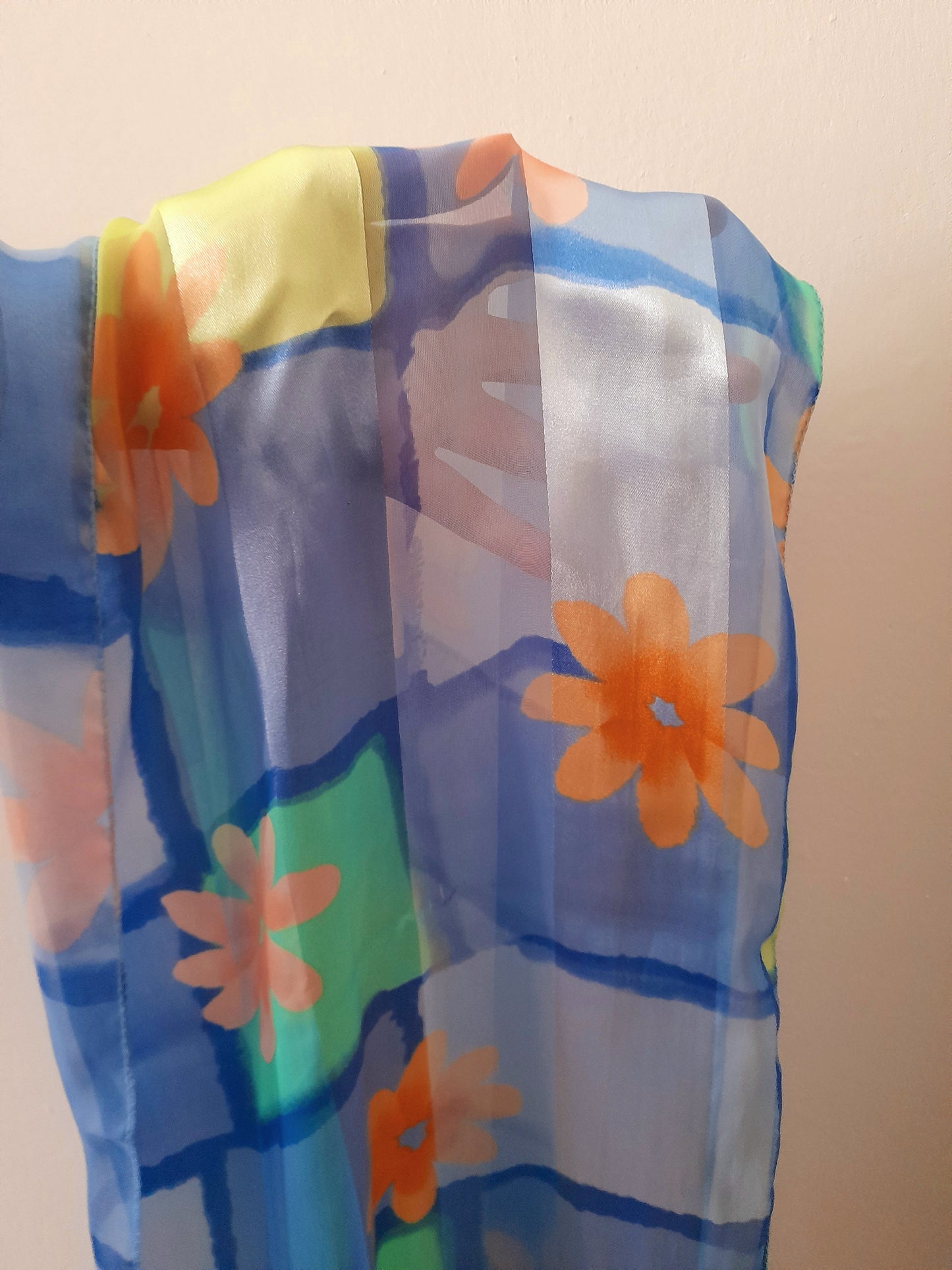 Vintage 80s Retro Blue Orange Flower Chiffon Satin Scarf