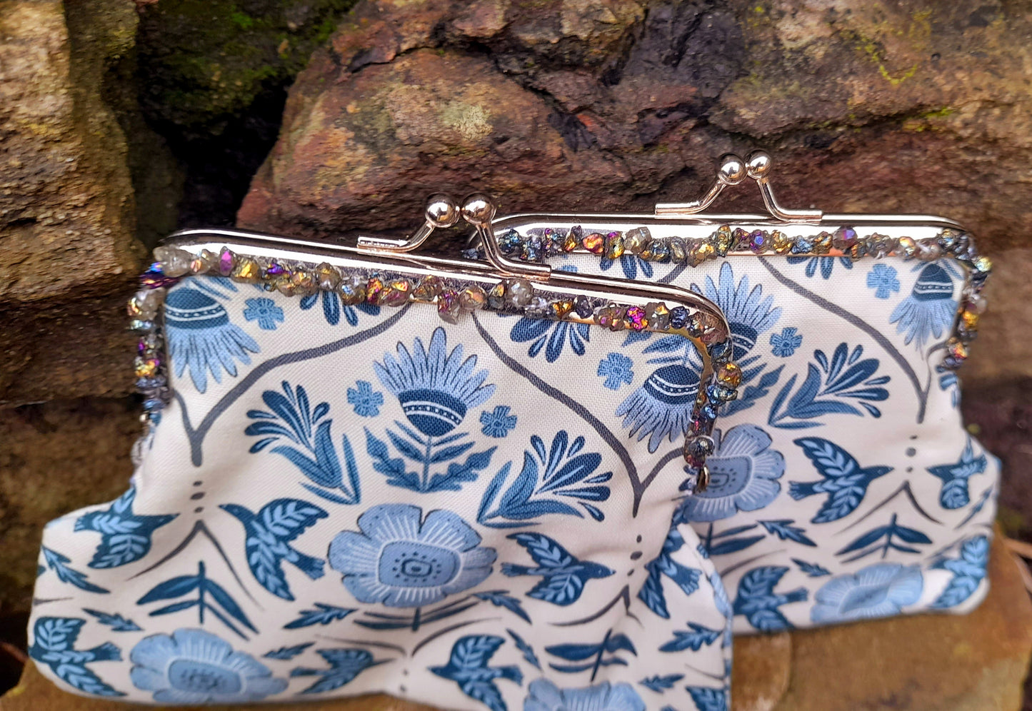 Bird Flower Nature Print Quartz Gemstone Silver Clasp Wallet