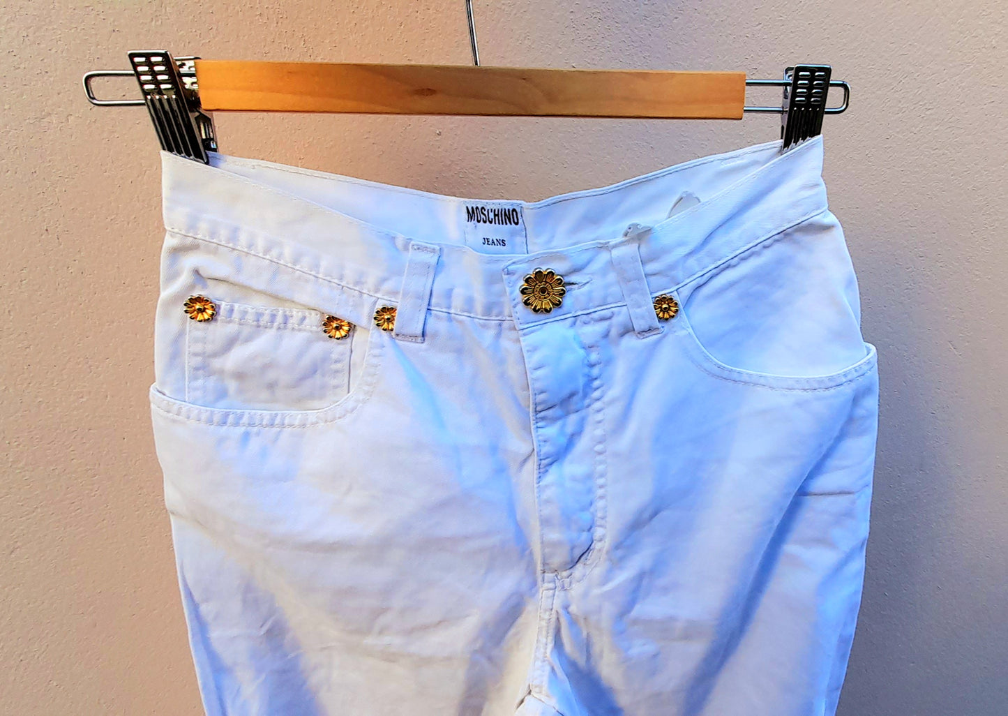 Vintage Y2K Moschino Gold Flower White Cotton Slim Fit Jeans