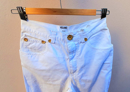 Vintage Y2K Moschino Gold Flower White Cotton Slim Fit Jeans