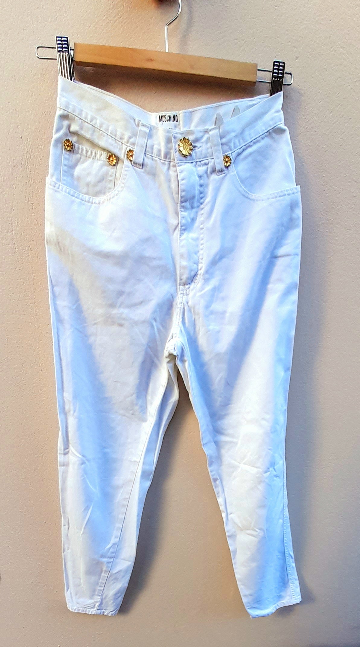 Vintage Y2K Moschino Gold Flower White Cotton Slim Fit Jeans
