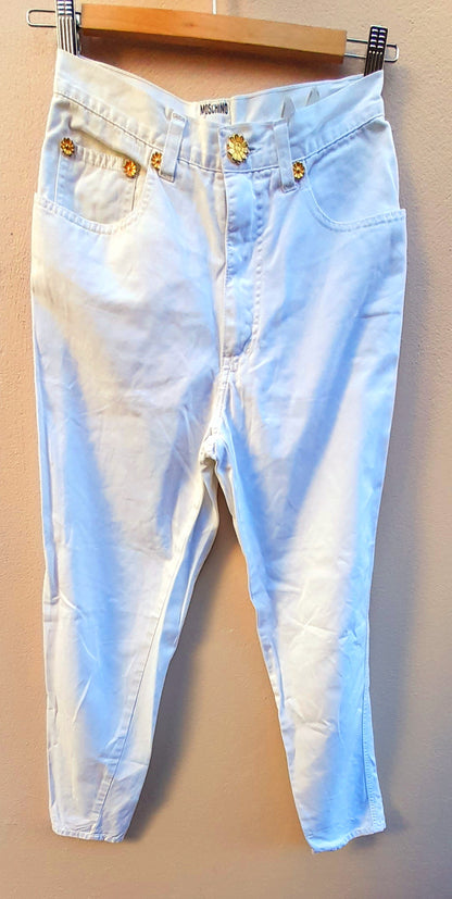 Vintage Y2K Moschino Gold Flower White Cotton Slim Fit Jeans