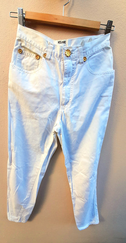 Vintage Y2K Moschino Gold Flower White Cotton Slim Fit Jeans