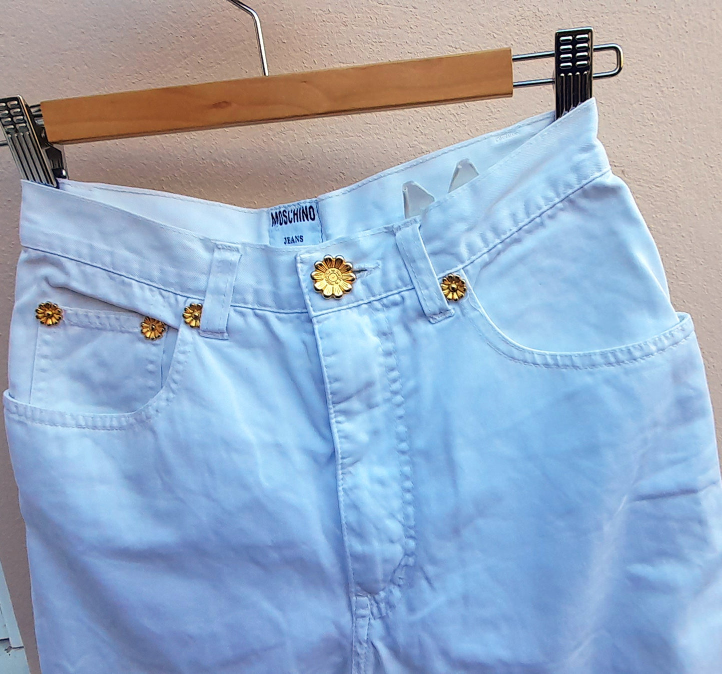 Vintage Y2K Moschino Gold Flower White Cotton Slim Fit Jeans
