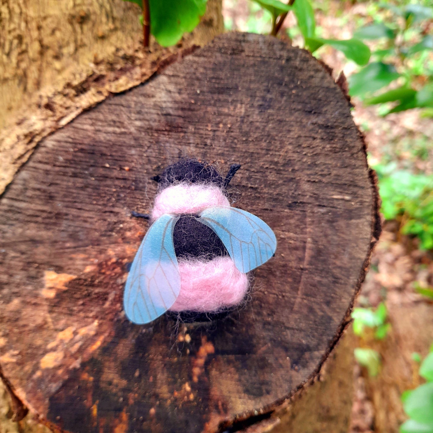 Pink & Black Bumble Bee Needle Felted Wool Organza Pin Adornment