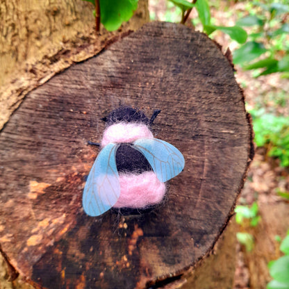 Pink & Black Bumble Bee Needle Felted Wool Organza Pin Adornment