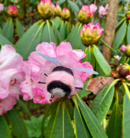 Pink & Black Bumble Bee Needle Felted Wool Organza Pin Adornment
