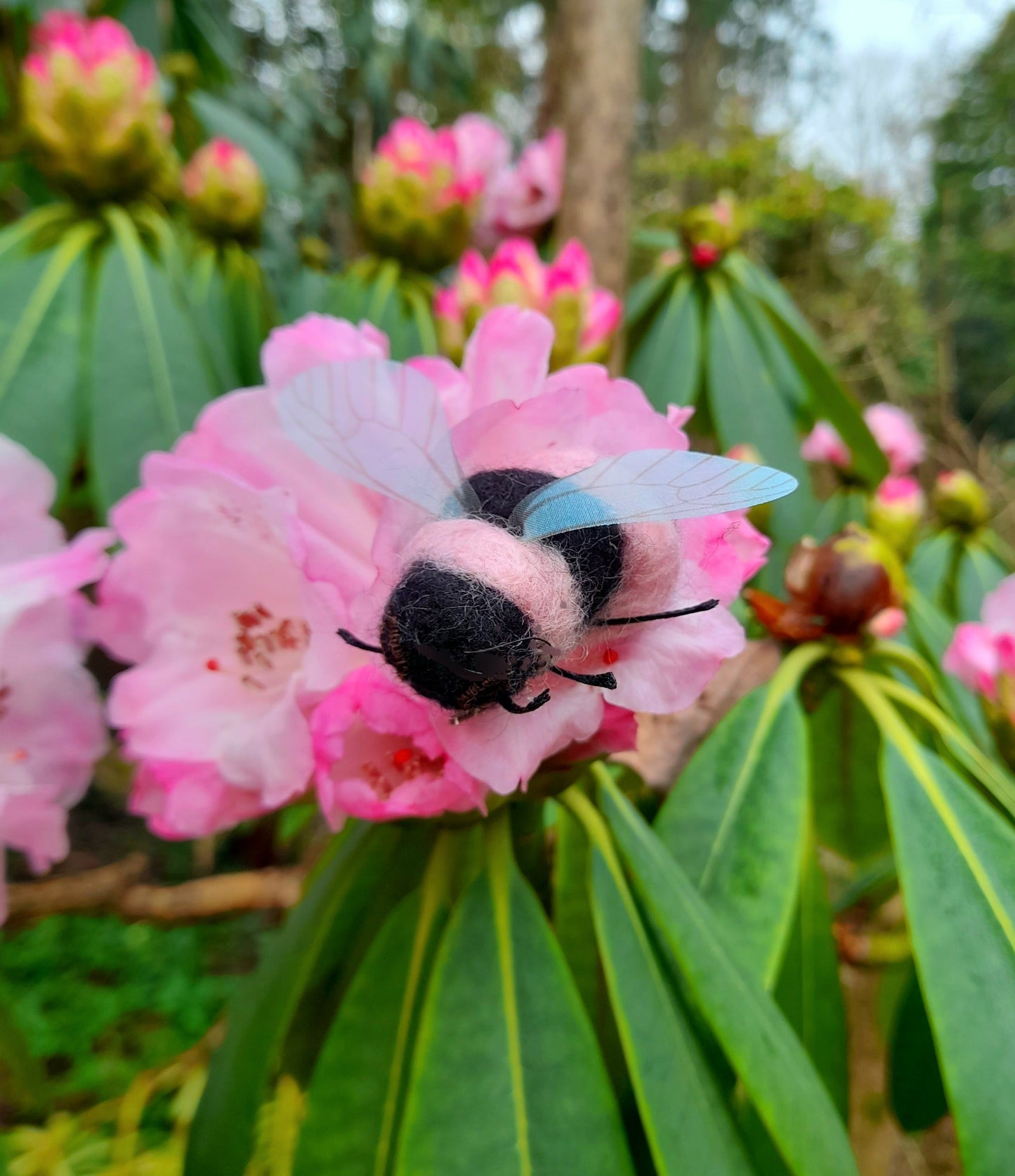 Pink & Black Bumble Bee Needle Felted Wool Organza Pin Adornment