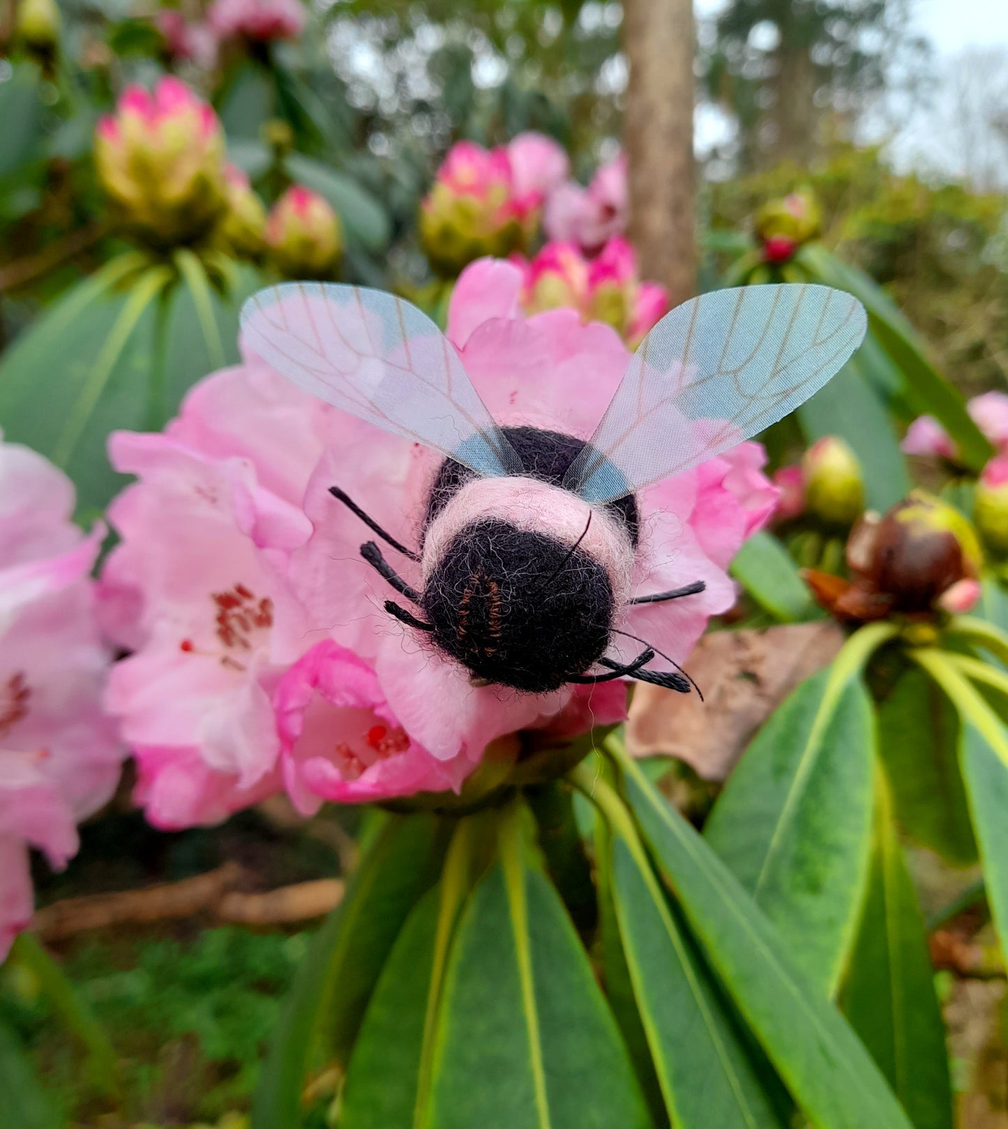 Pink & Black Bumble Bee Needle Felted Wool Organza Pin Adornment