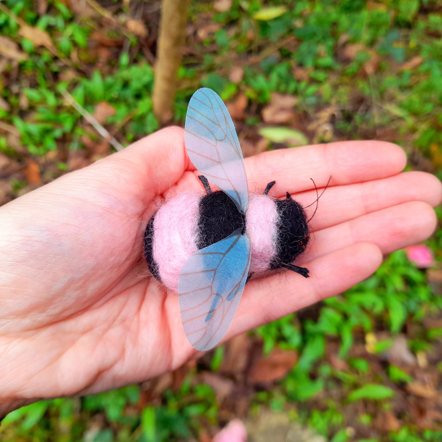 Pink & Black Bumble Bee Needle Felted Wool Organza Pin Adornment