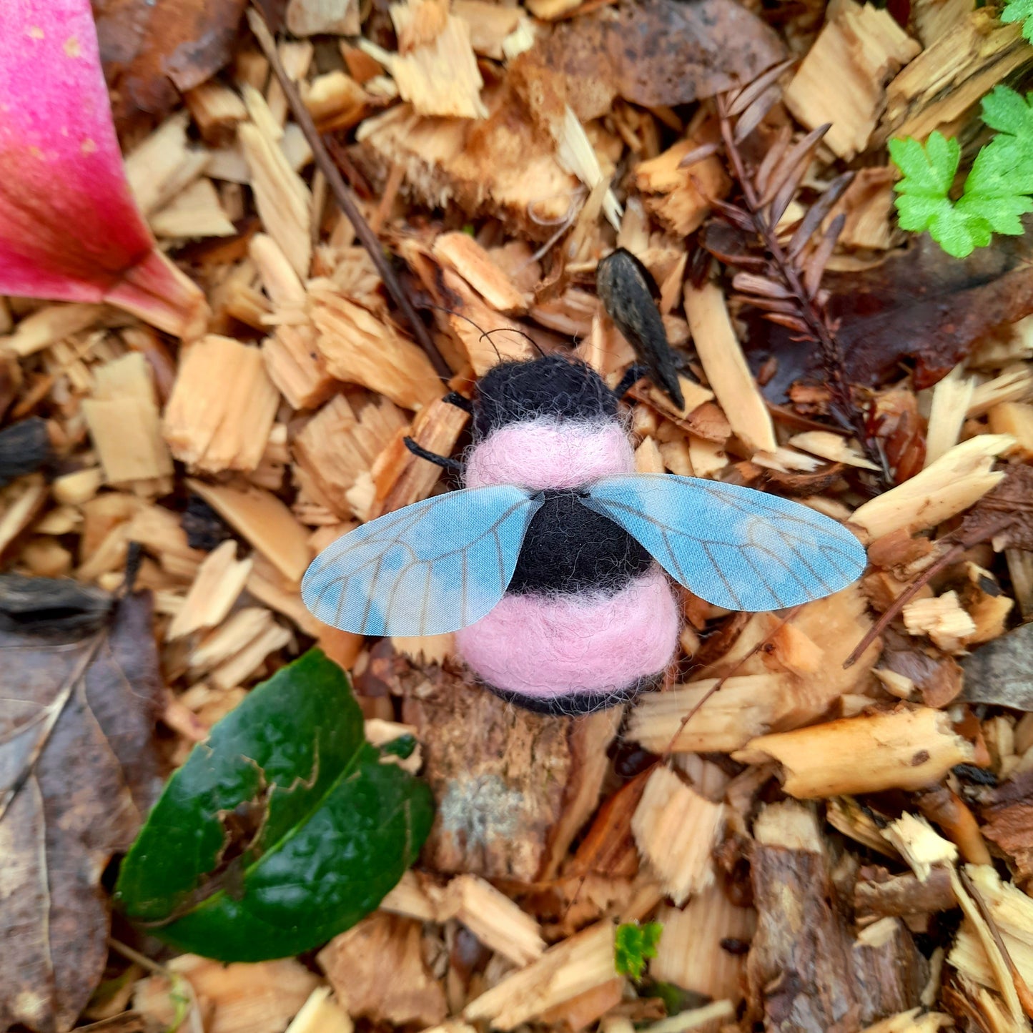 Pink & Black Bumble Bee Needle Felted Wool Organza Pin Adornment