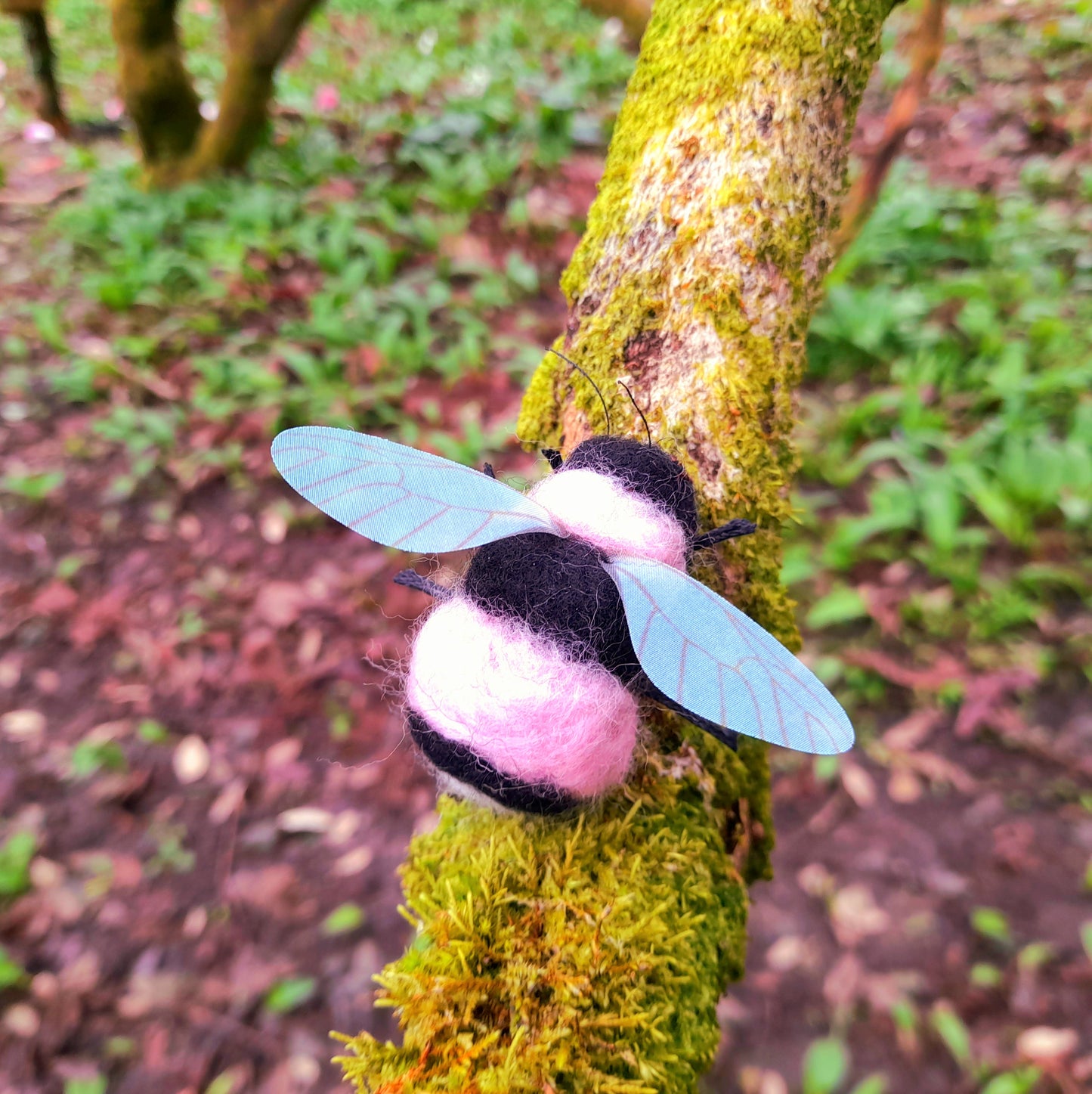 Pink & Black Bumble Bee Needle Felted Wool Organza Pin Adornment