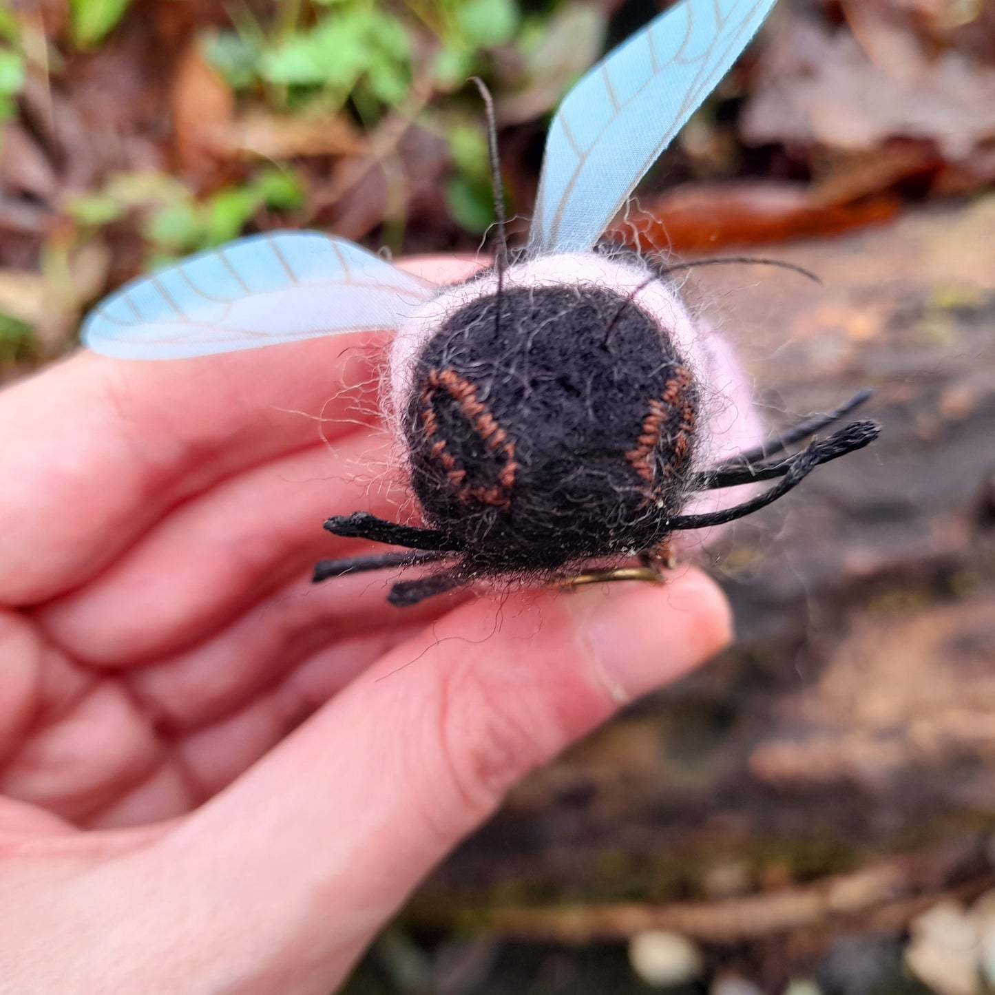 Pink & Black Bumble Bee Needle Felted Wool Organza Pin Adornment