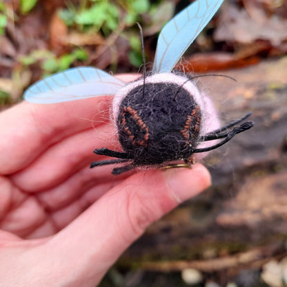 Pink & Black Bumble Bee Needle Felted Wool Organza Pin Adornment