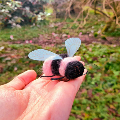 Pink & Black Bumble Bee Needle Felted Wool Organza Pin Adornment