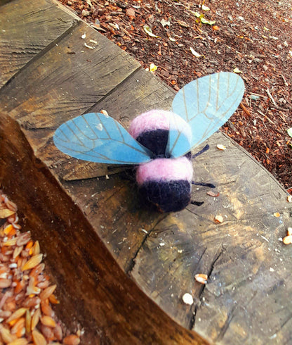 Pink & Black Bumble Bee Needle Felted Wool Organza Pin Adornment