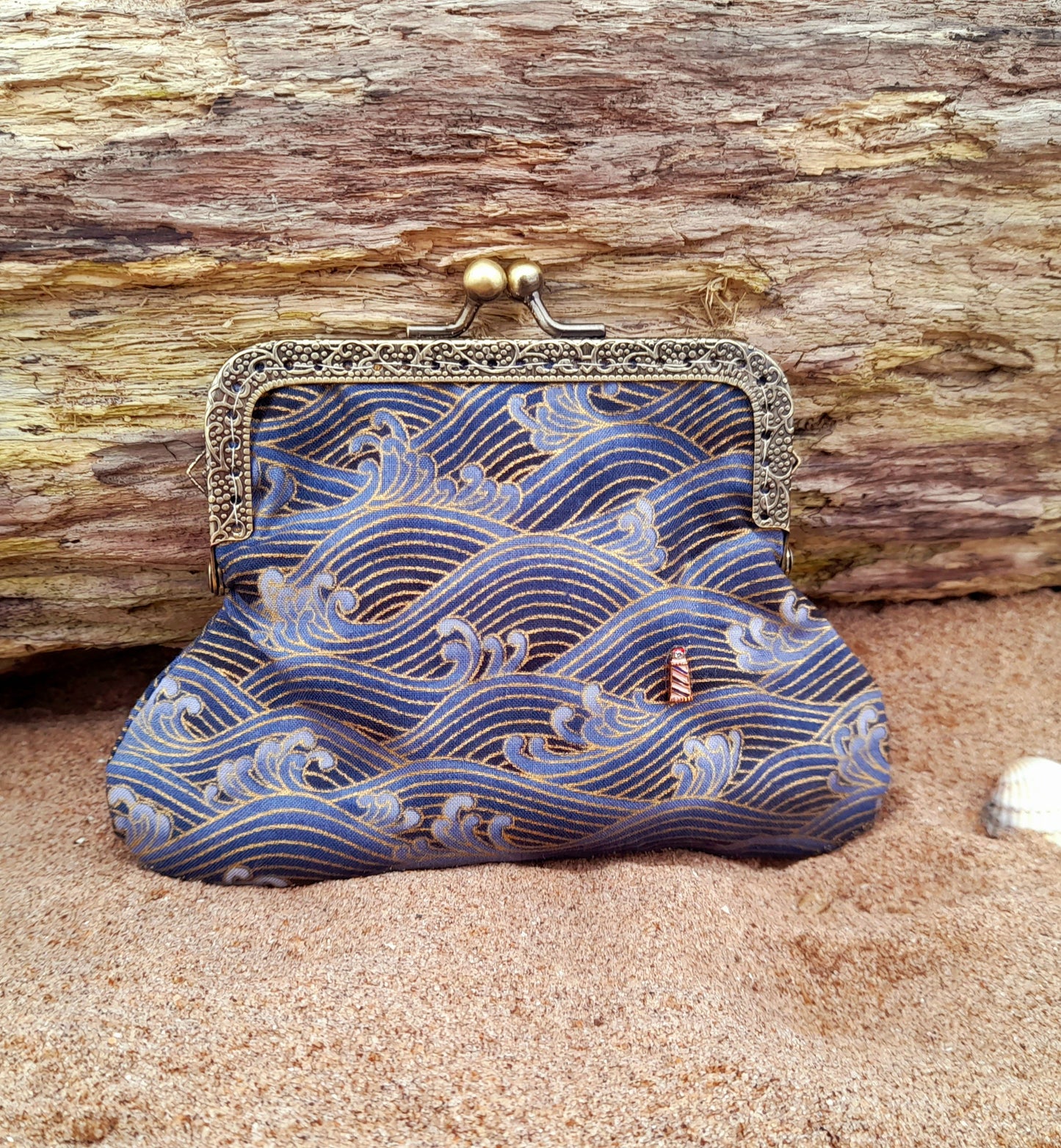 Lighthouse In A Storm Blue Gold Wave Cotton Clasp Wallet