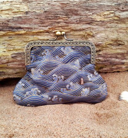 Lighthouse In A Storm Blue Gold Wave Cotton Clasp Wallet