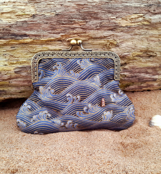 Lighthouse In A Storm Blue Gold Wave Cotton Clasp Wallet