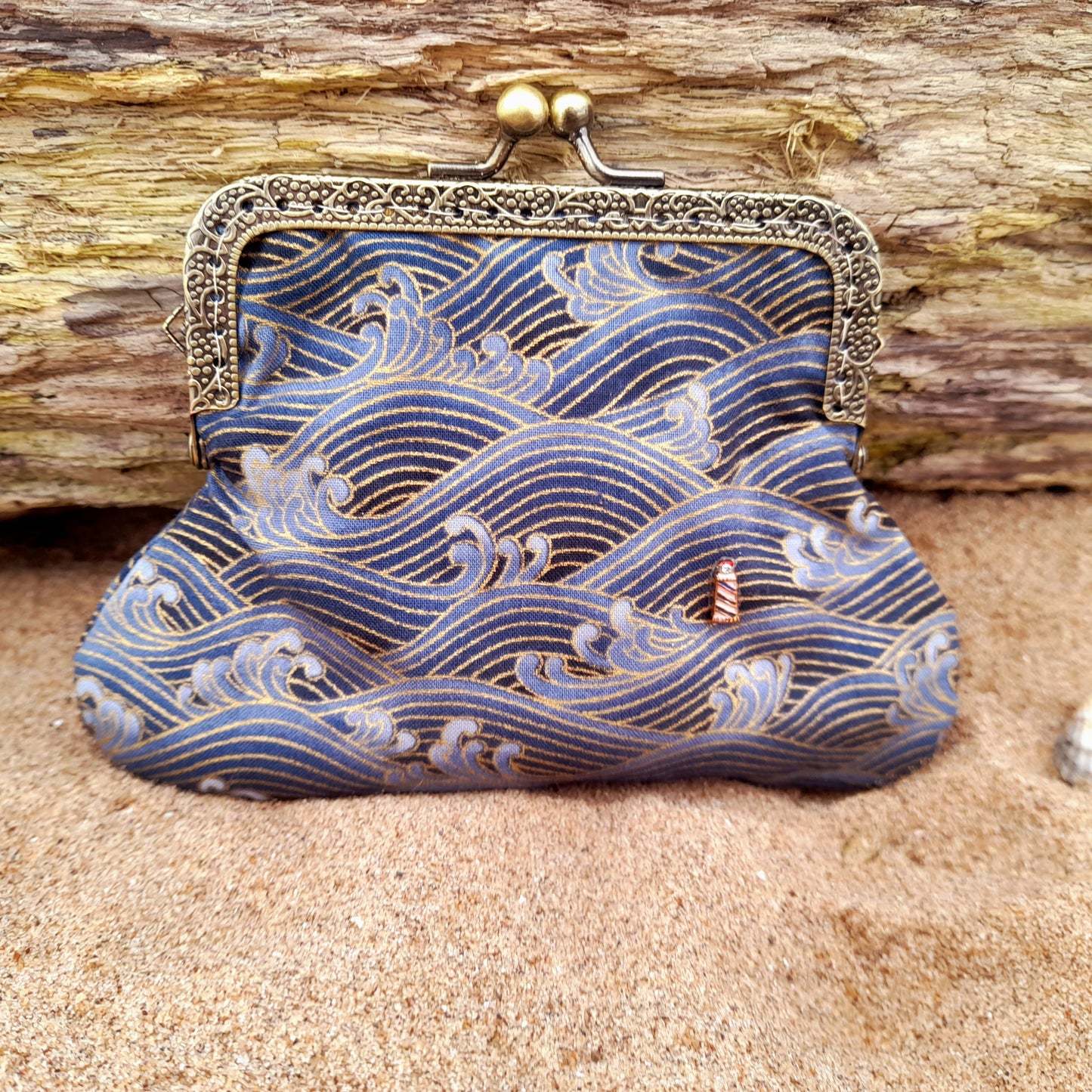 Lighthouse In A Storm Blue Gold Wave Cotton Clasp Wallet