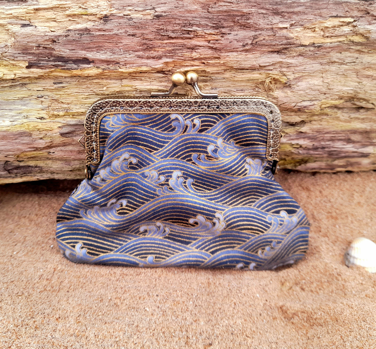 Lighthouse In A Storm Blue Gold Wave Cotton Clasp Wallet