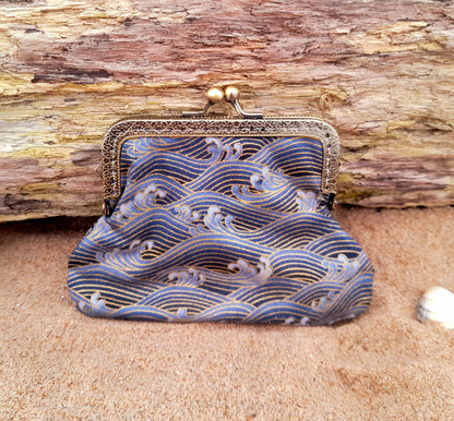 Lighthouse In A Storm Blue Gold Wave Cotton Clasp Wallet