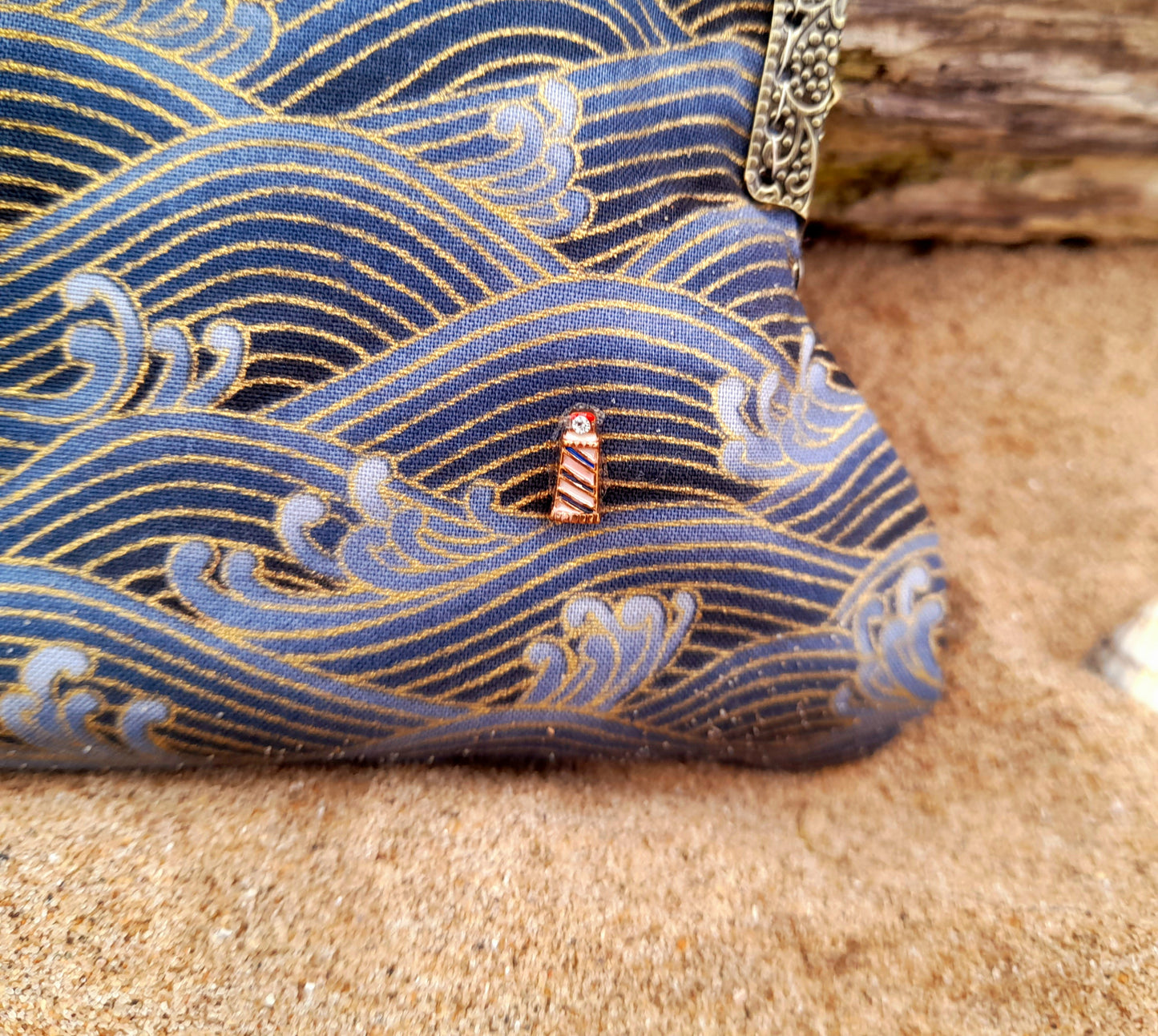 Lighthouse In A Storm Blue Gold Wave Cotton Clasp Wallet