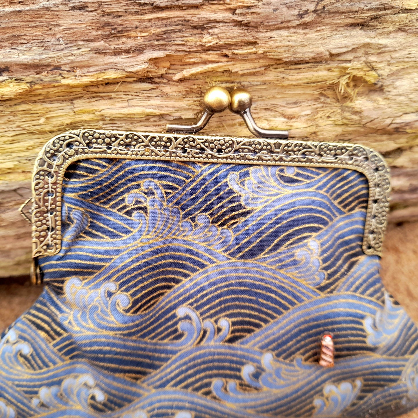 Lighthouse In A Storm Blue Gold Wave Cotton Clasp Wallet