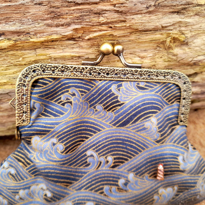 Lighthouse In A Storm Blue Gold Wave Cotton Clasp Wallet