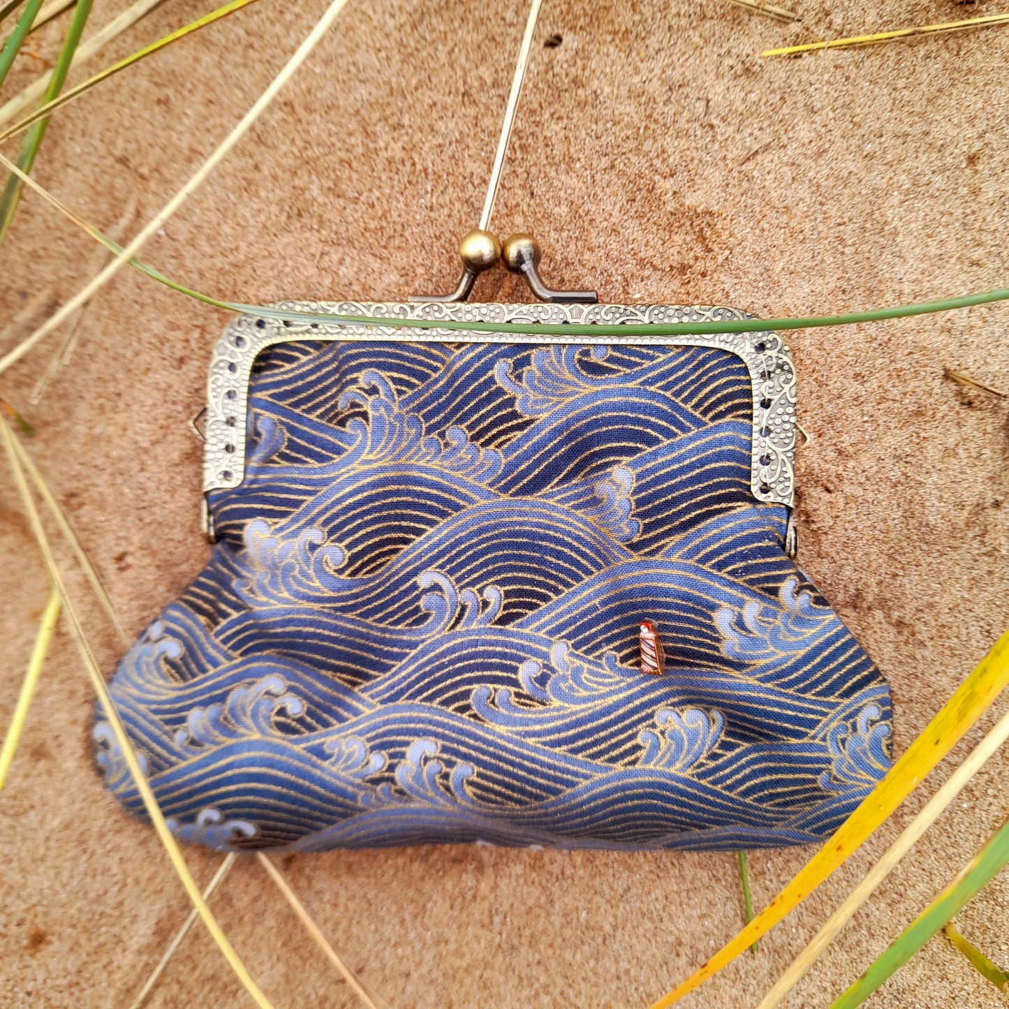 Lighthouse In A Storm Blue Gold Wave Cotton Clasp Wallet