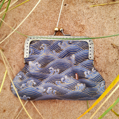 Lighthouse In A Storm Blue Gold Wave Cotton Clasp Wallet
