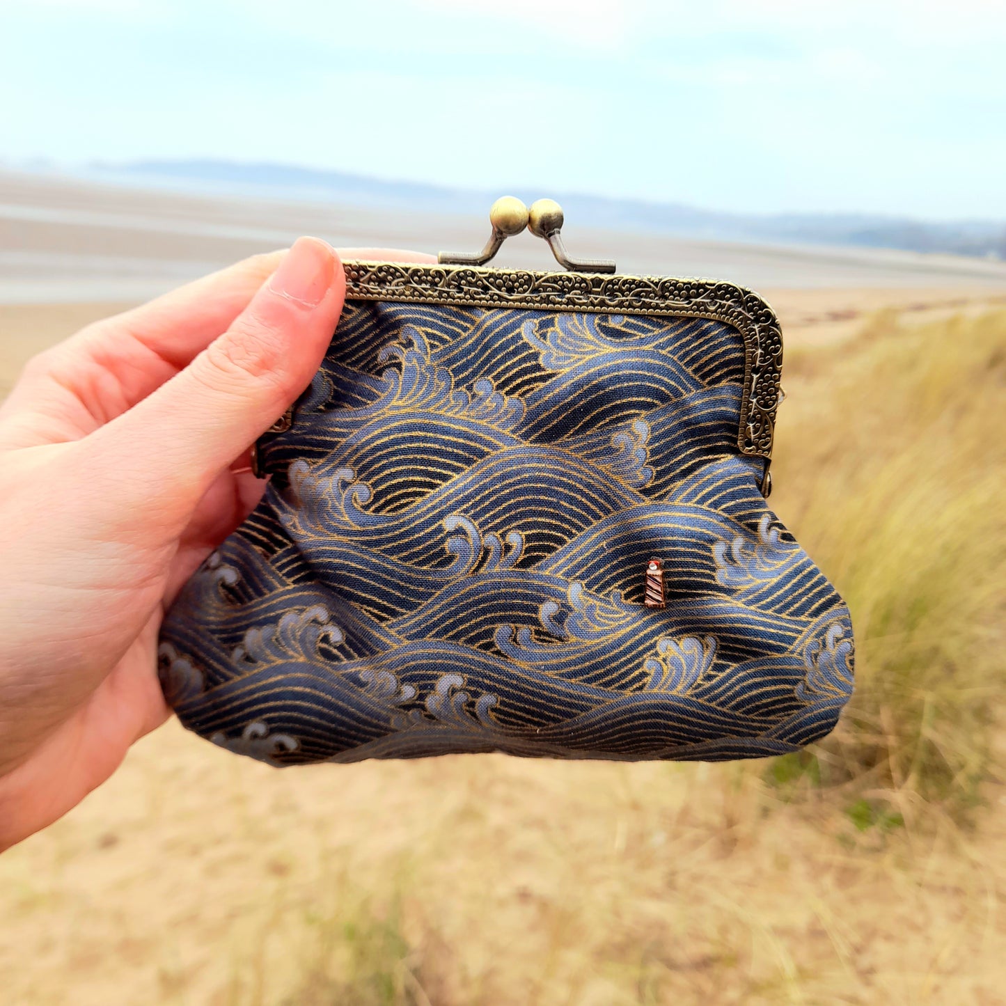 Lighthouse In A Storm Blue Gold Wave Cotton Clasp Wallet