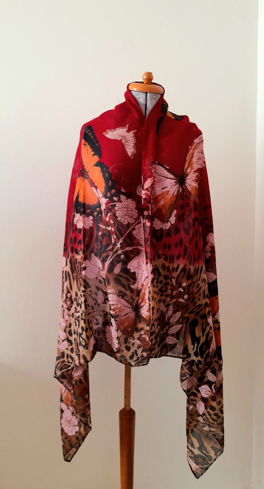 Red Orange Pink Butterfly Flower Leopard Print Sheer Viscose Chiffon Large Vintage Shawl Scarf