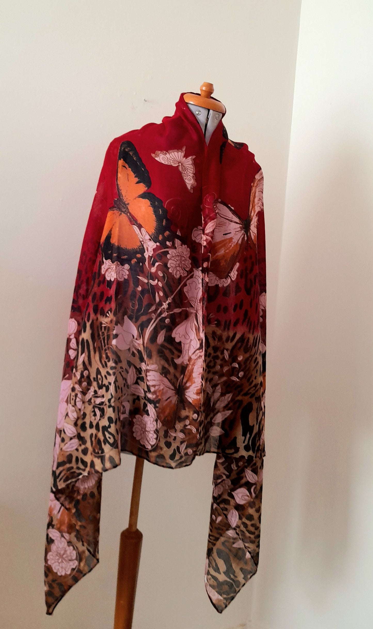 Red Orange Pink Butterfly Flower Leopard Print Sheer Viscose Chiffon Large Vintage Shawl Scarf