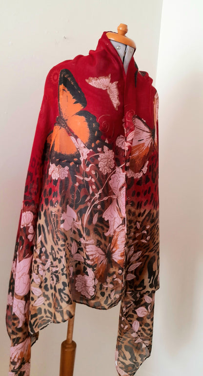 Red Orange Pink Butterfly Flower Leopard Print Sheer Viscose Chiffon Large Vintage Shawl Scarf