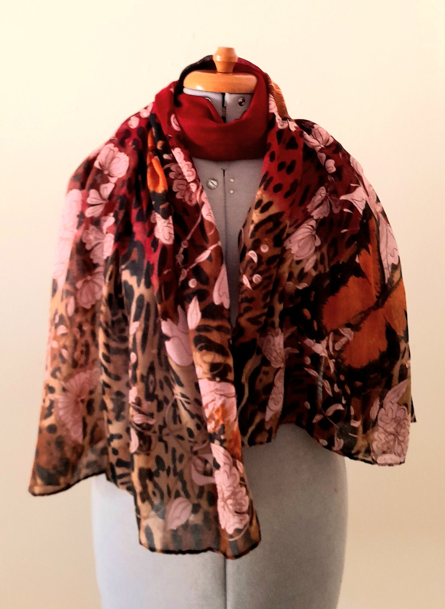 Red Orange Pink Butterfly Flower Leopard Print Sheer Viscose Chiffon Large Vintage Shawl Scarf